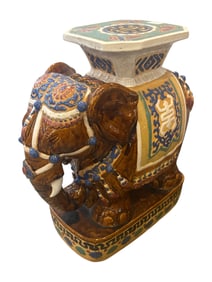 Vintage 1960s Hollywood Regency Hand Painted Terracotta Elephant Plant Stand