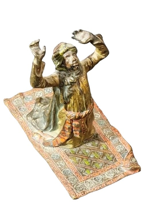 RARE 19thc Franz Xavier Bergman Islamic: RARE 19thc Franz Xavier Bergman Islamic - (Austrian:1861-1936). Arab man at prayer. Showing the impressed B in amphora mark. 5" x 2" x 4".