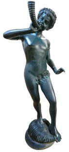 Bronze Fountain Figure Young Boy With Horn: Bronze Fountain Figure Young Boy With Horn. Frolicking bronze child playfully using their horn. Scene provides a sense of youthful energy and imagination. Bronze has formed a wonderful green patina to