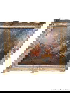 19th Century Hand Painted on Wood Rococo Style Painting: Immerse yourself in the enchanting elegance of the Rococo era with this exquisite 19th-century hand-painted artwork, skillfully executed on wood. Housed in an ornate, gilt-accented frame with rich scr