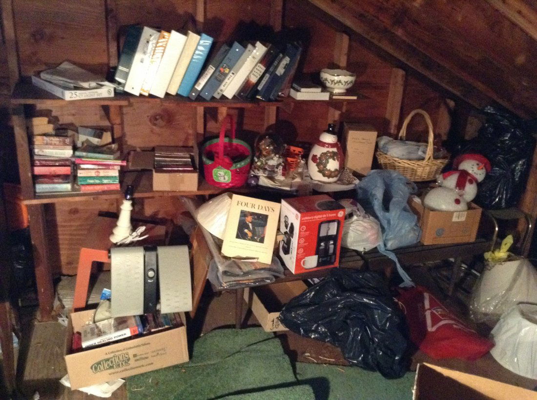 Far corner of attic: everything seen in pictures; Lenox, coffee makers and cookie jars; snow globes; books and benches, lamp shade