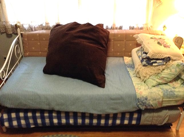 Daybed with contents: Daybed with contents; includes bedding, measures 79 x 37