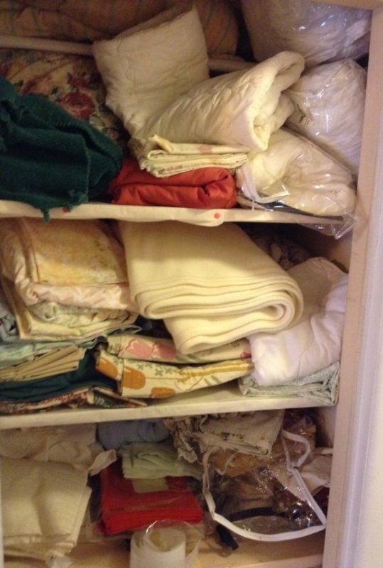 Complete Contents of Hallway Closet: Complete Contents of Hallway Closet; table chothes, napkins, lace items and bedding