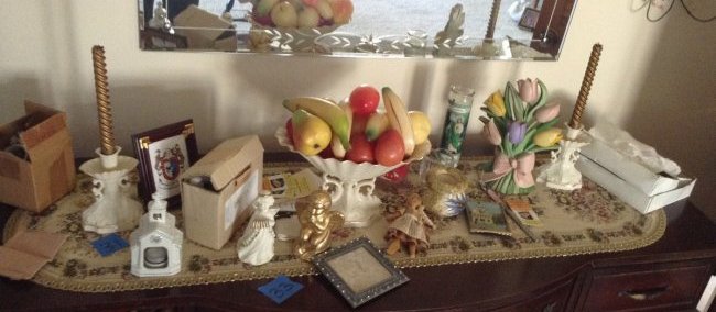 Contents of top of credenza: Contents of top of credenza: Lenox and more as seen in photo