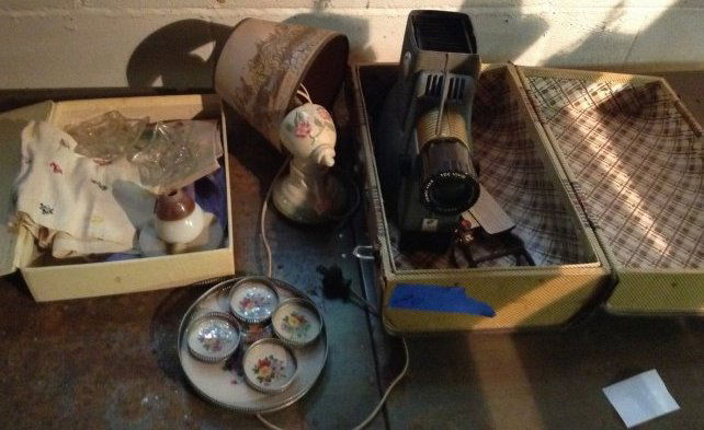 Top of Table: Top of Table: Dresser set, slide projector, linens, enamal painted wall lamp & more