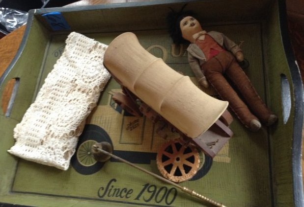 Wood serving tray, wooden wagon (some damage to wheel),: Wood serving tray, wooden wagon (some damage to wheel), vintage doll, and brass candle snifter