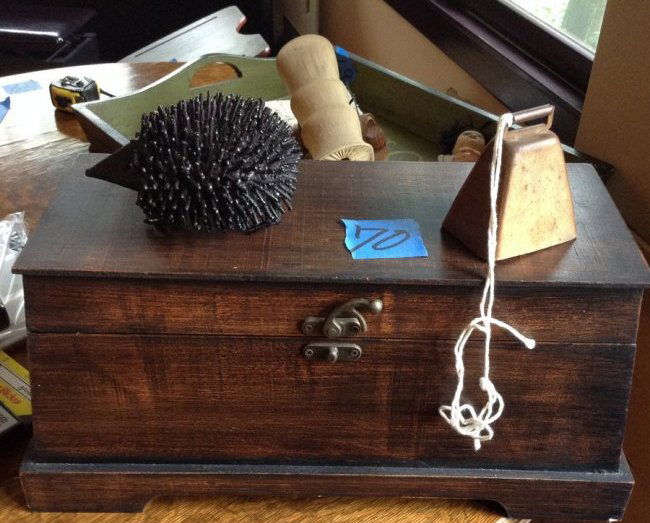 Wooden Storage box, metal porccupine and vintage cow (1 of 1)