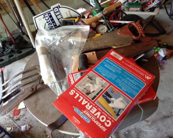 Table full of misc tools - includes vintage table (1 of 1)