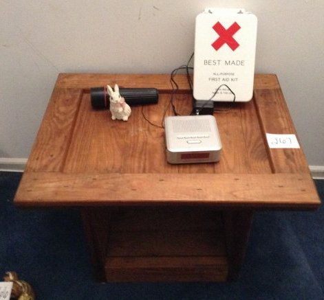 This end up wooden table - first aid kit and more: This end up table - first aid kit and more