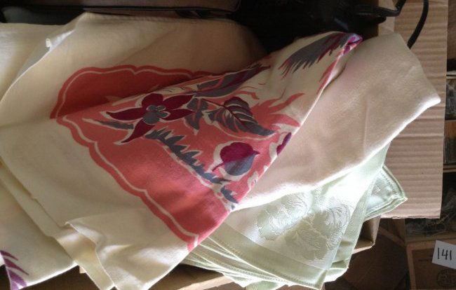 box of vintage table clothes: box of vintage table clothes: as seen in photo