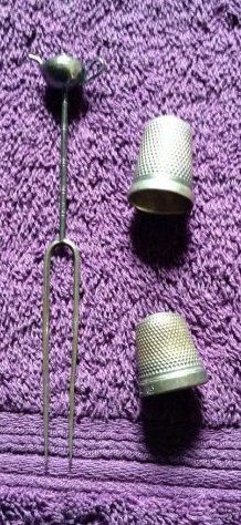 2 thimble English made & Fork with Jeanie Lamp FORK IS: 2 thimble English made & Fork with Jeanie Lamp WHICH IS STERLING