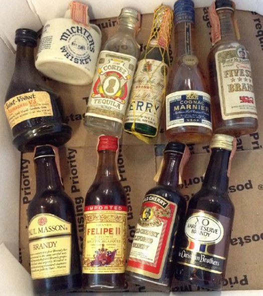 Lot of 10 Miniture LiquorBottles: Any contents in bottle is Free; You are bidding on the bottle