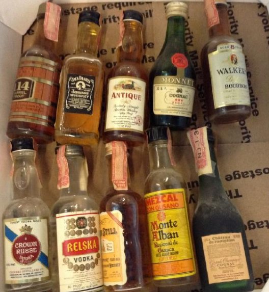Lot of 10 Miniture LiquorBottles: Any contents in bottle is Free; You are bidding on the bottle