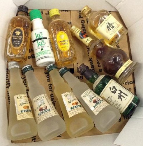 Lot of 10 Miniture LiquorBottles: Any contents in bottle is Free; You are bidding on the bottle