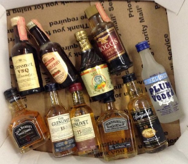 Lot of 10 Miniture LiquorBottles: Any contents in bottle is Free; You are bidding on the bottle
