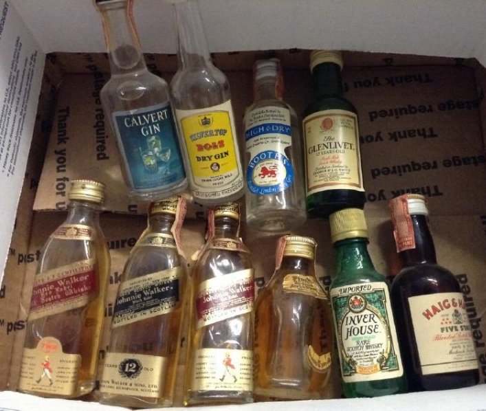 Lot of 10 Miniture LiquorBottles: Any contents in bottle is Free; You are bidding on the bottle