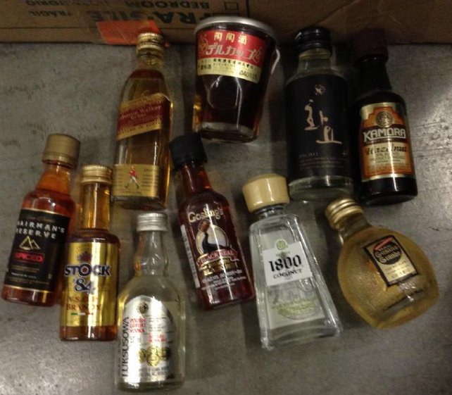 Lot of 10 Miniture LiquorBottles: Any contents in bottle is Free; You are bidding on the bottle