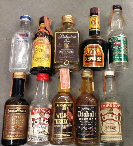 Lot of 10 Miniture LiquorBottles: Any contents in bottle is Free; You are bidding on the bottle