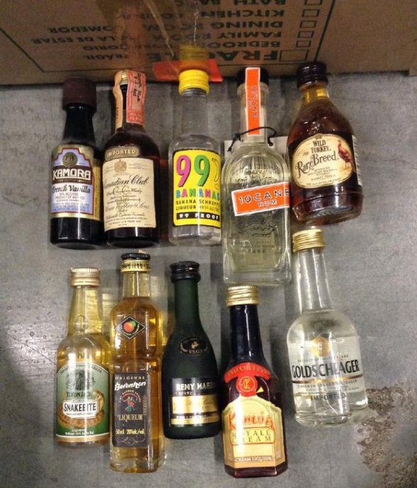 Lot of 10 Miniture LiquorBottles: Any contents in bottle is Free; You are bidding on the bottle