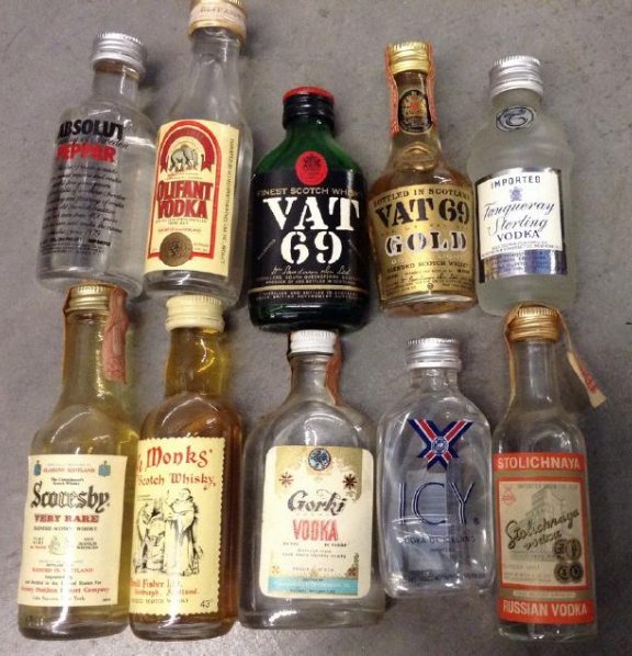 Lot of 10 Miniture LiquorBottles: Any contents in bottle is Free; You are bidding on the bottle