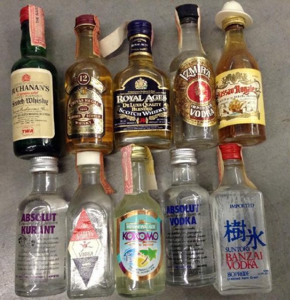 Lot of 10 Miniture LiquorBottles: Any contents in bottle is Free; You are bidding on the bottle