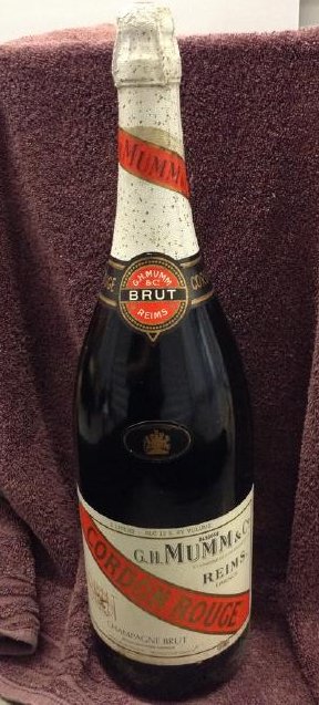 G.H. Mumm & C.O. Cordon Rouge Champagne Brut 3 liters: Any contents in bottle is Free; You are bidding on the bottle
