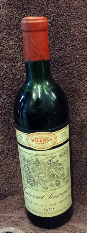 1970 Cabernet Sauvignon Wildman and Sons 1 pint 8 fl oz: Any contents in bottle is Free; You are bidding on the bottle