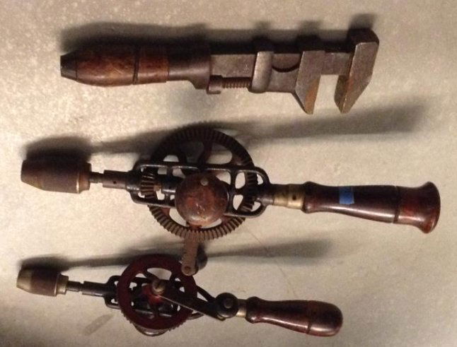 Vintage pipe wrench and standley hand drills (1 of 1)