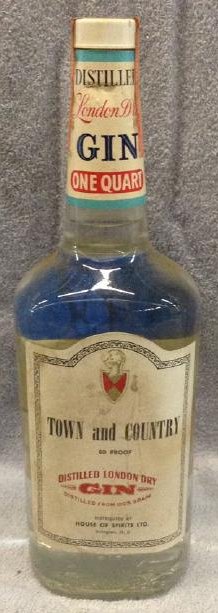 Town and Country Gin: Any contents in bottle is Free; You are bidding on the bottle & unbroken tax stamp