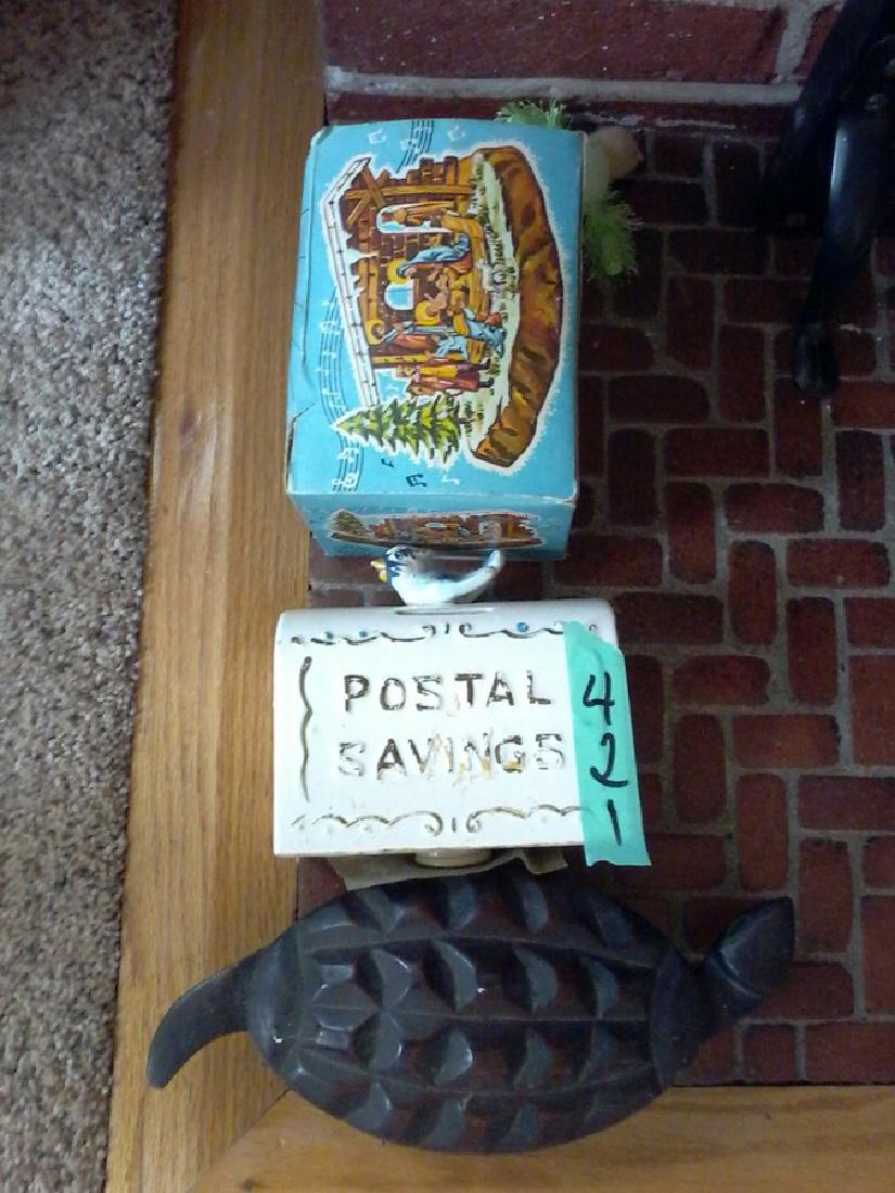 Vintage bank, nativity set and wooden turtle box: Vintage bank, nativity set and wooden turtle box
