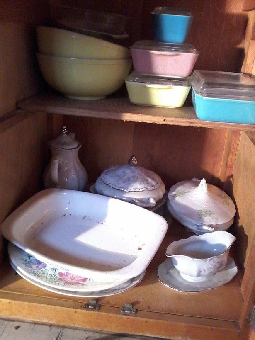 Contents of bottom Cabinet Kitchen early pyrex: Contents of bottom Cabinet Kitchen