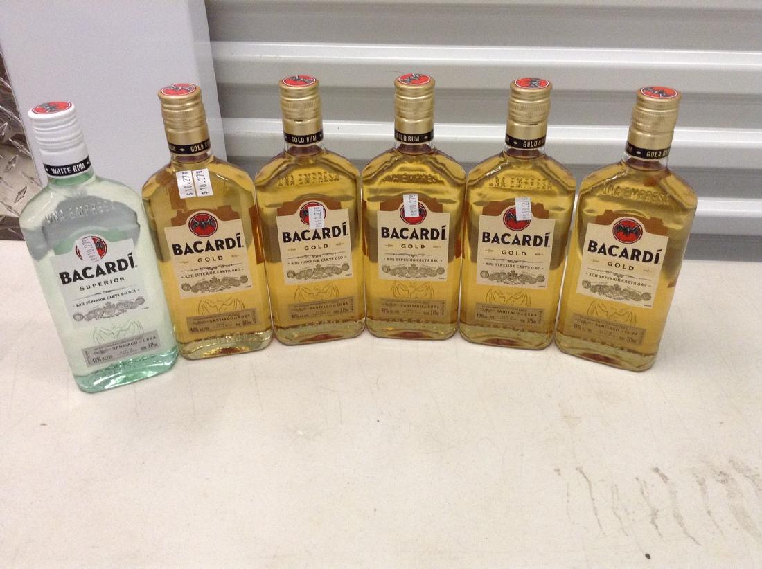 Lot of 6 Bacardi Rum Bottles Gold and Superior: Any contents in bottle is Free; You are bidding on the bottle & unbroken tax stamp