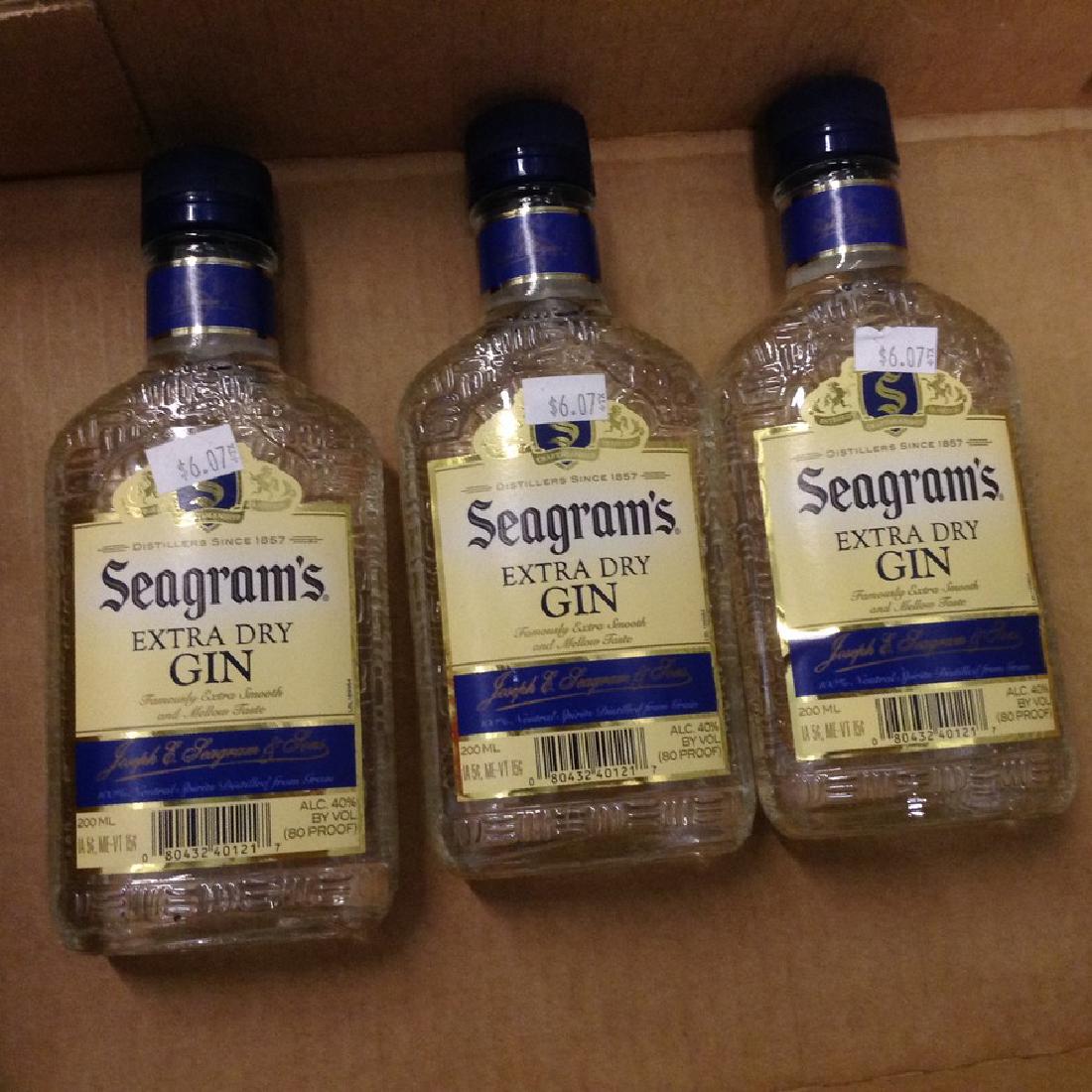 Lot of 3 Seagram's Extra Dry Gin bottles: Any contents in bottle is Free; You are bidding on the bottle & unbroken tax stamp