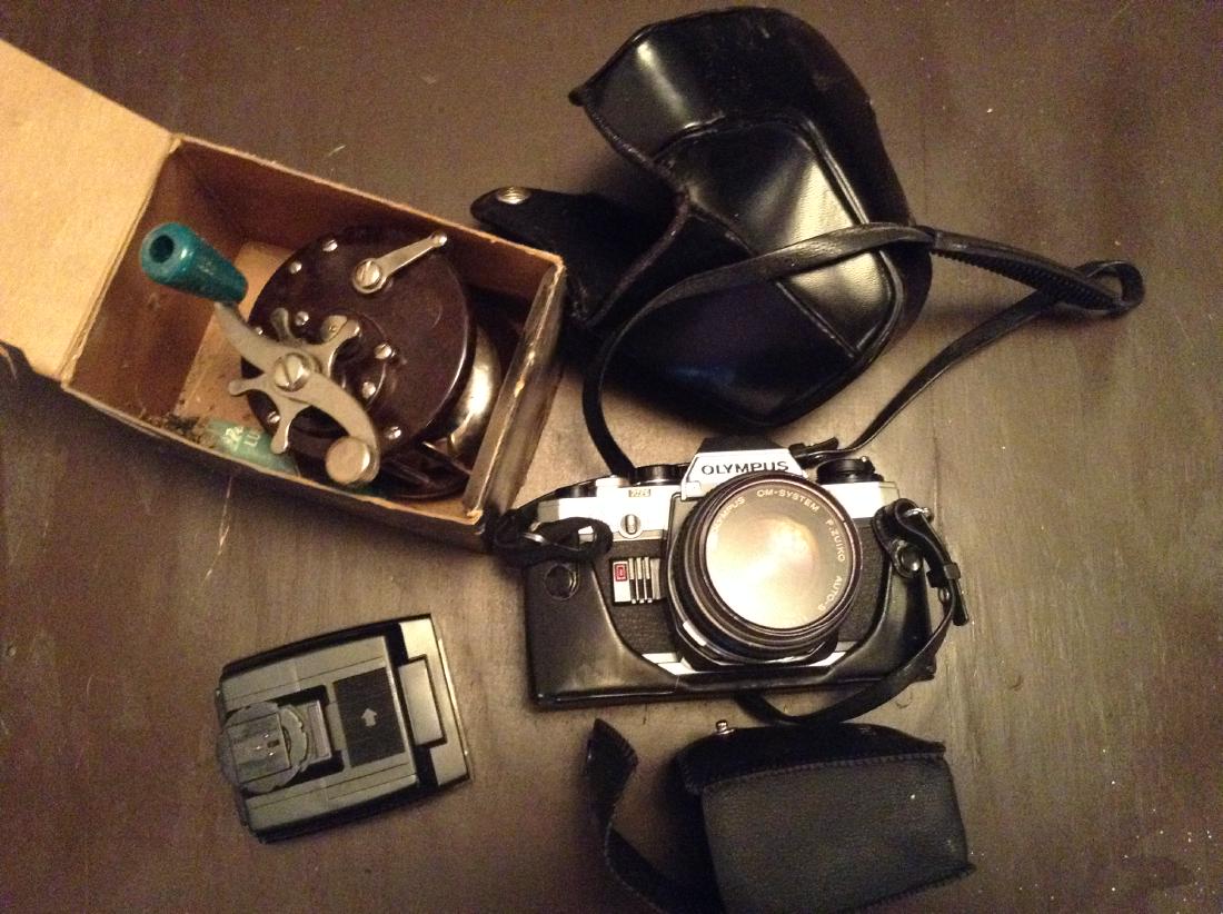 Vintage Penn Fishing reel/ Olympics 35mm Camera: Vintage Penn Fishing reel/ Olympics 35mm Camera