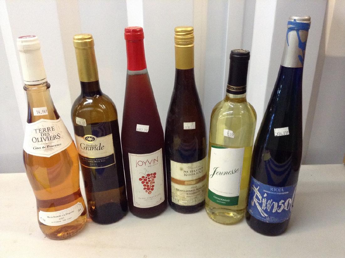 lot of 6 mixed wine bottles: Any contents in bottle is Free; You are bidding on the bottle & unbroken tax stamp