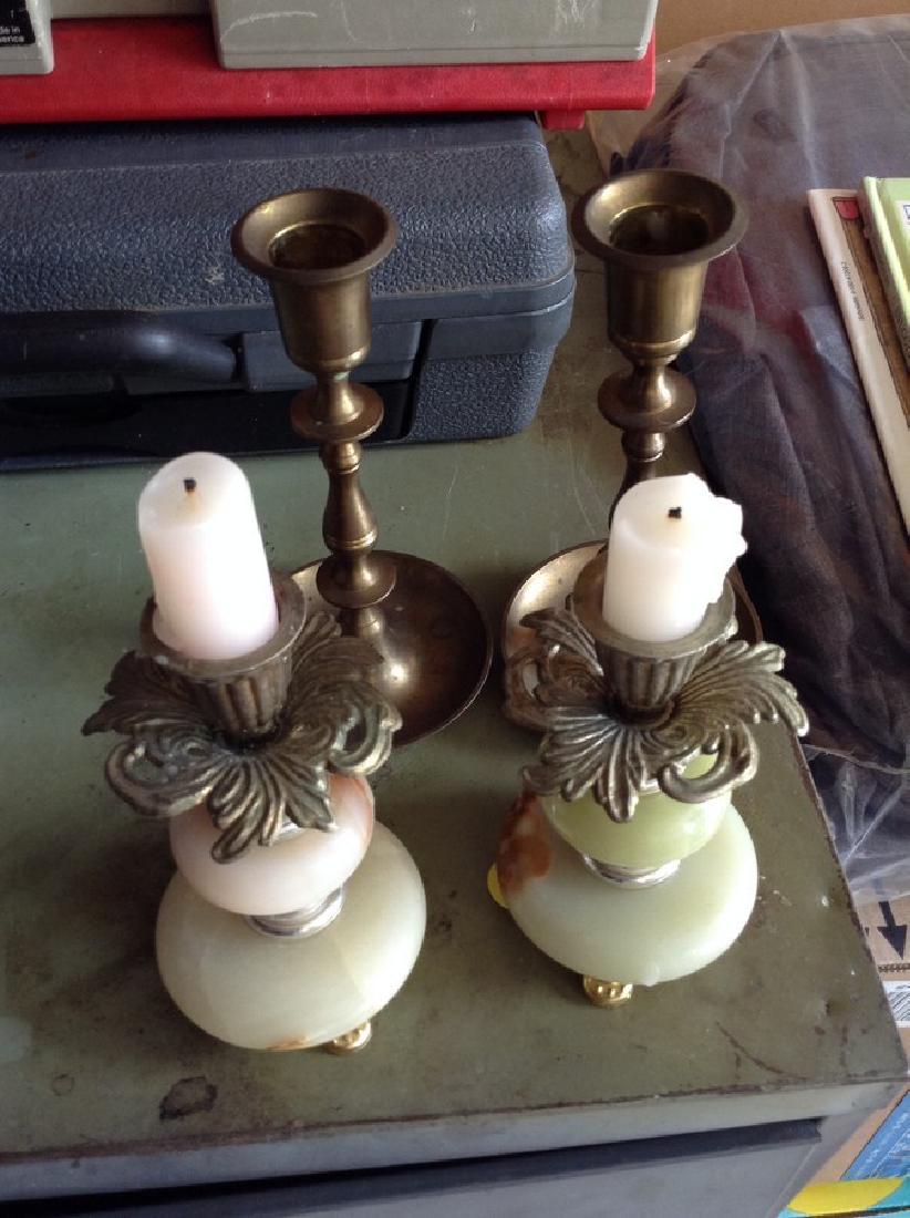 Alabaster and brass candle sticks: Alabaster and brass candle sticks