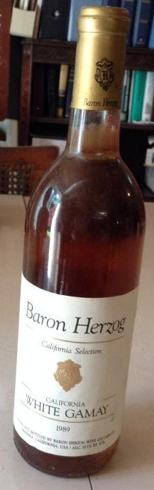 Baron Herzog California White Gamay 1989: Any contents in bottle is Free; You are bidding on the bottle & unbroken tax stamp
