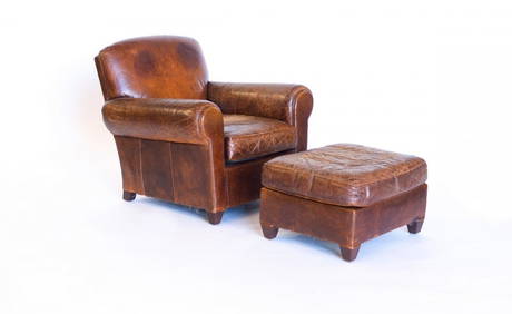 B35B1-2 Vintage French Leather Club Chair WITH OTTOMAN (1 of 10)