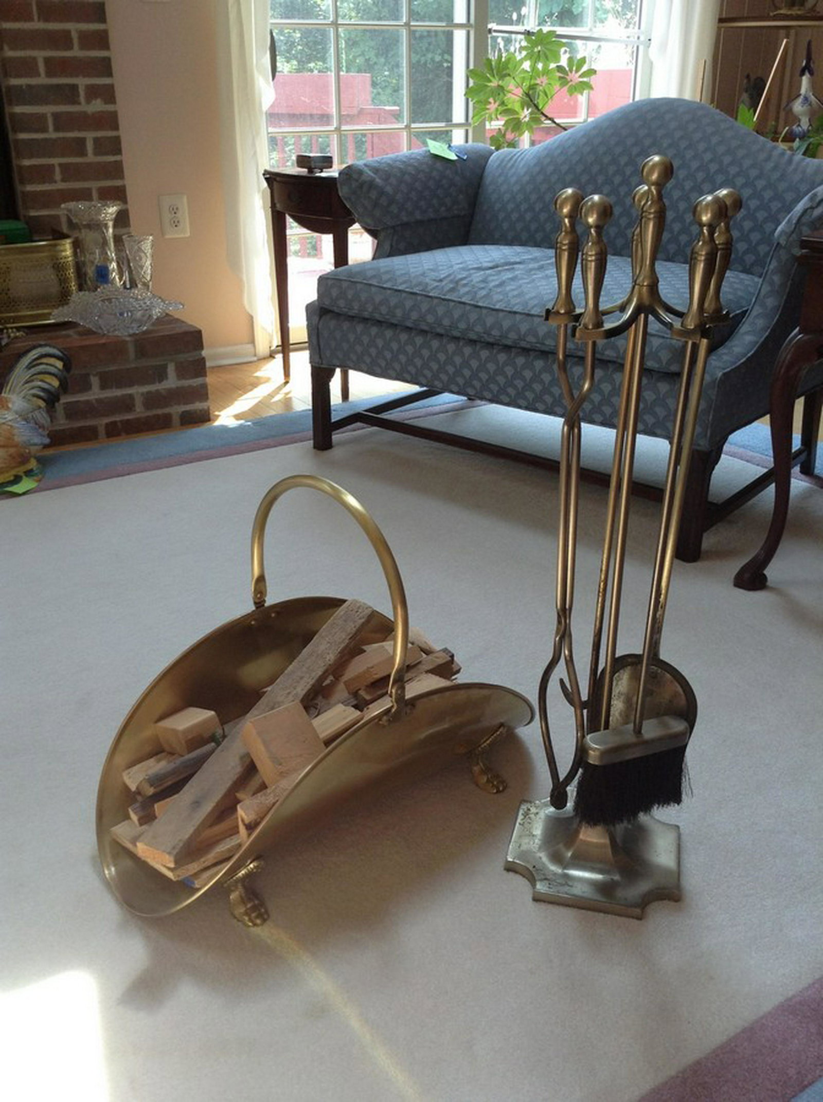 vintage fireplace items and wood holder: vintage fireplace items and wood holder