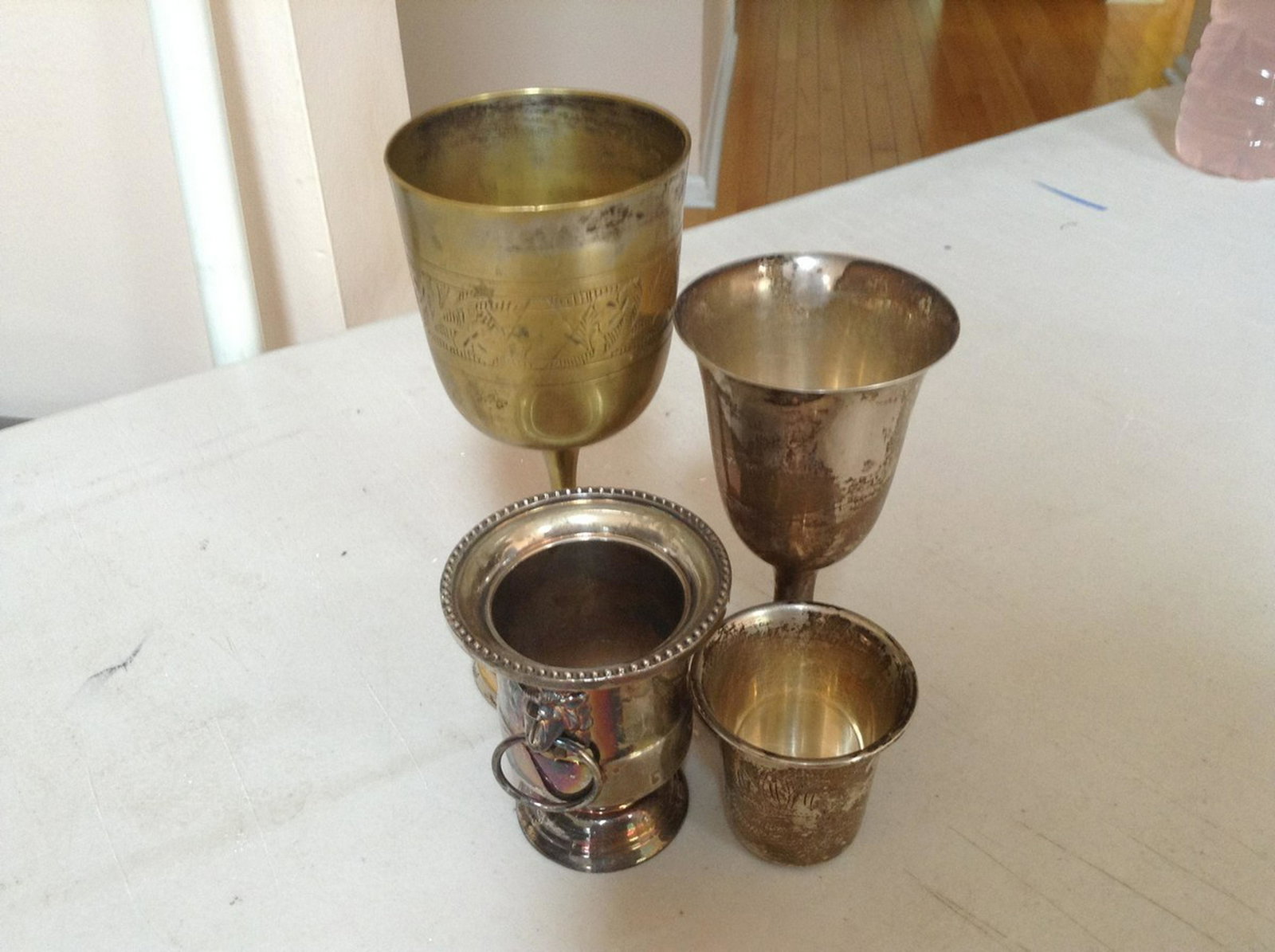 lot of 2 goblets, and two shot glasses. smallest shot: lot of 2 goblets, and two shot glasses. smallest shot glass is sterling