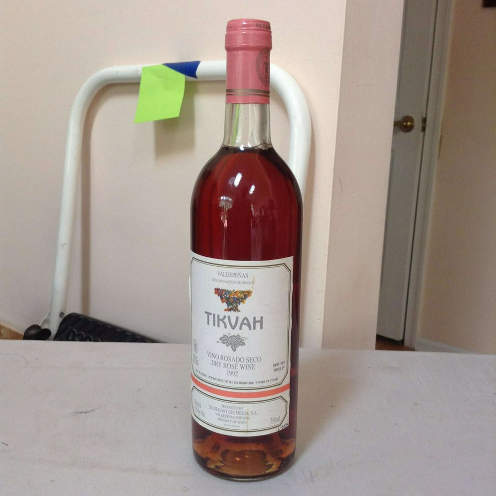 1992 Tikvah Vino Rosado Seco Dry Rose Wine: Any contents in bottle is Free; You are bidding on the bottle & unbroken tax stamp