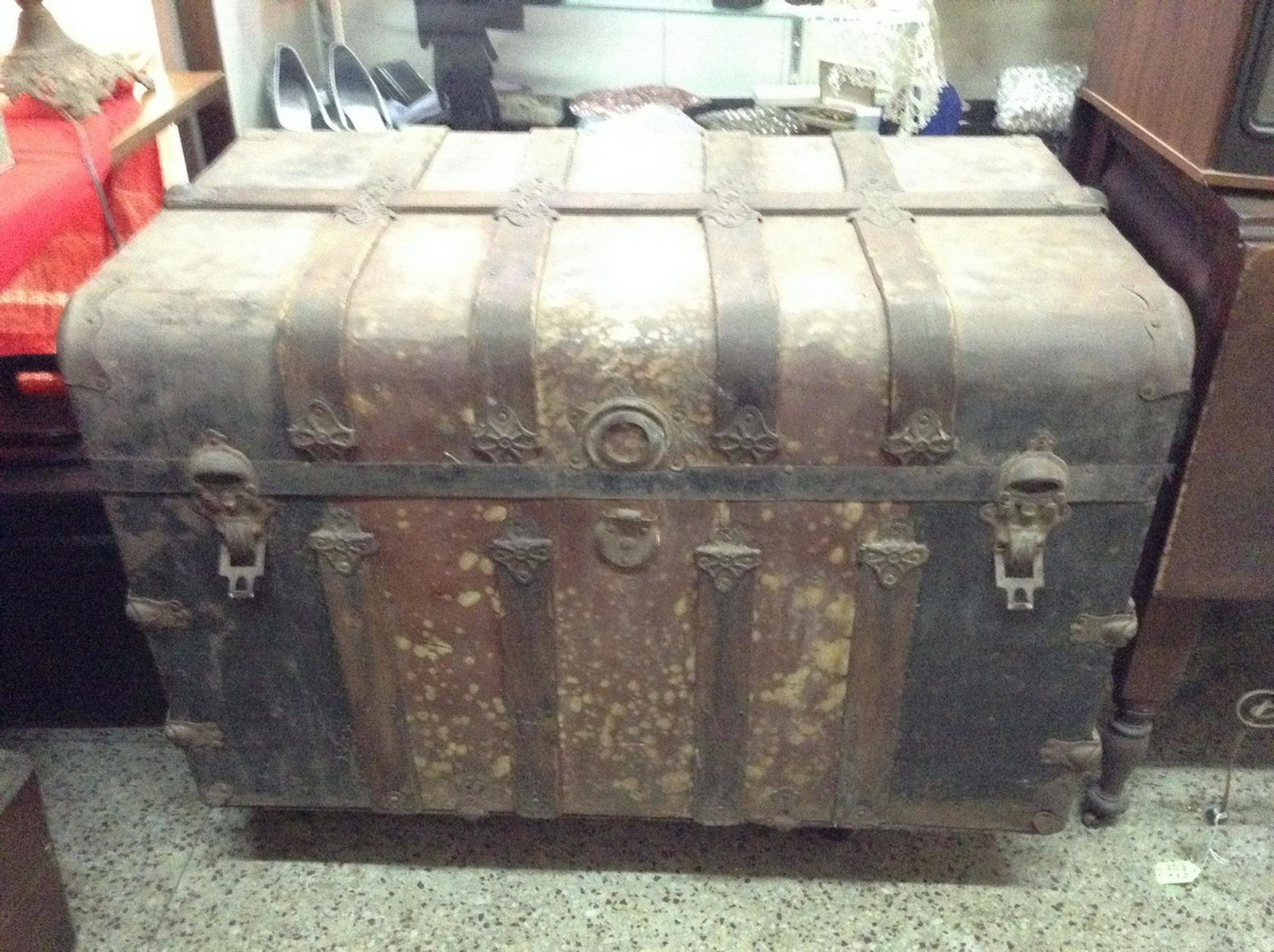 Ornate wooden/ brass trunk: 34" x 21" x 23"