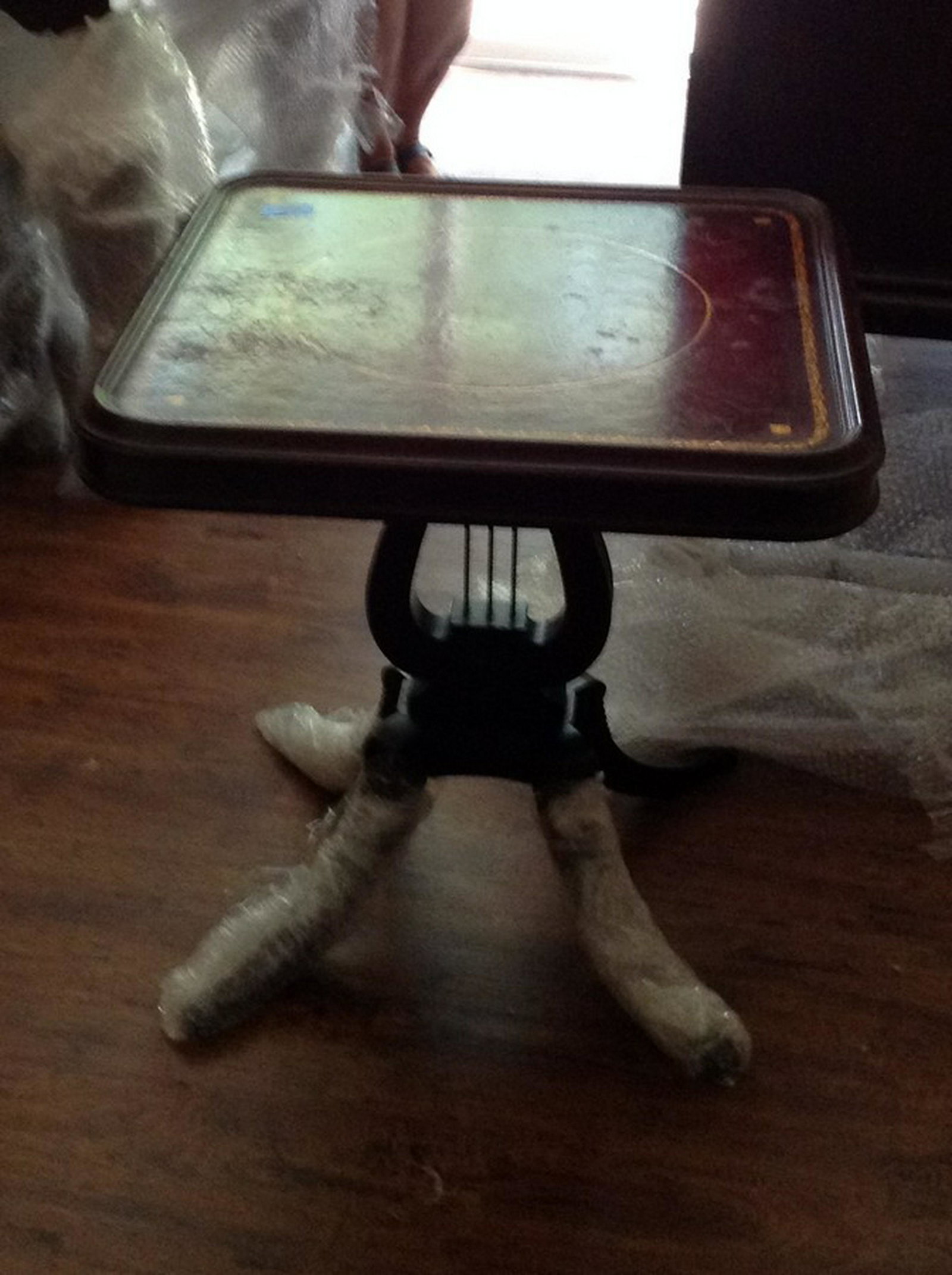 small side table wooden leather top 24x24x25 with harp: small side table wooden leather top 24x24x25 with harp as a stand
