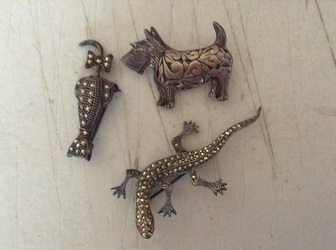 early sterling and rhinestone animal brooches: early sterling; marcasite and rhinestone animal brooches