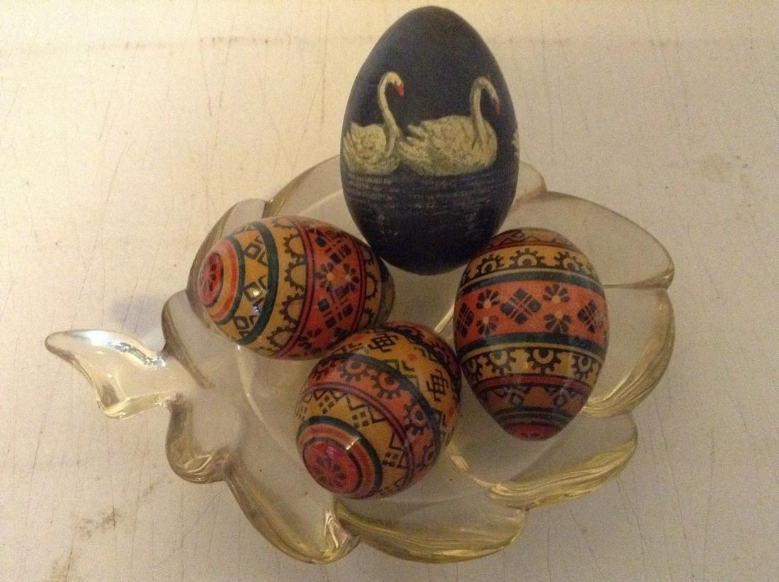 russian eggs and hand painted eggs, and glass tray: russian eggs and hand painted eggs, and glass tray
