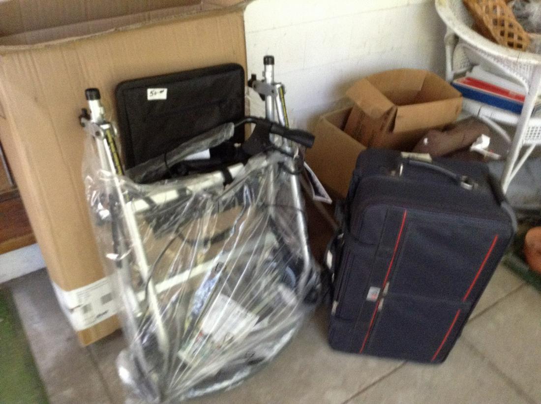 vintage luggage and brand new drive chair: vintage luggage and brand new drive chair