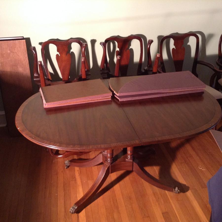 Inlaid Dining Room table with 6 Chairs: Padding & Leaves 7' ft L Henkel Harris
