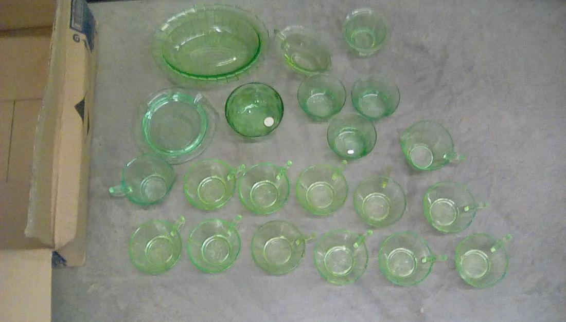 lot of green depression glasses, cups plates and more: lot of green depression glasses, cups plates and more