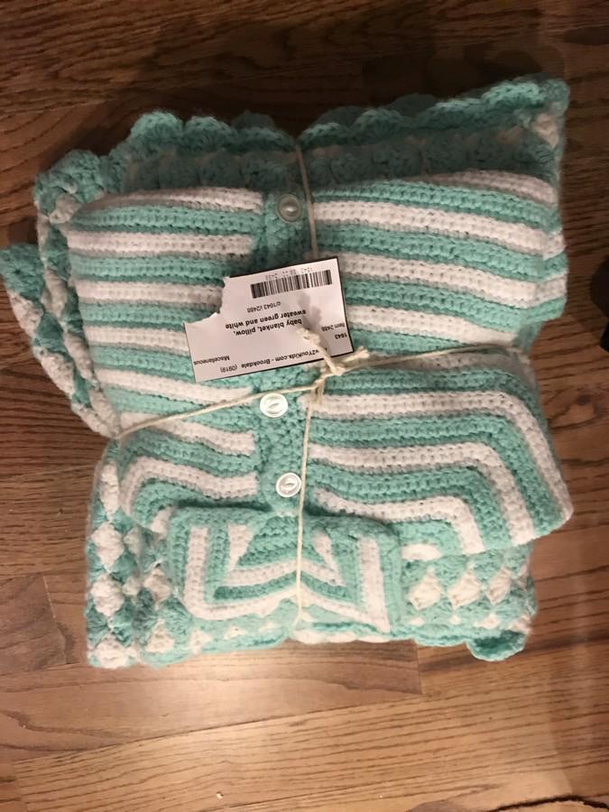 Hand Stitch baby blanket, pillow and sweater (1 of 1)