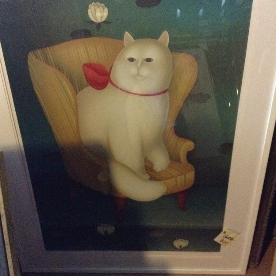 Igor Galih lithograph white cat in chair signed and (1 of 1)